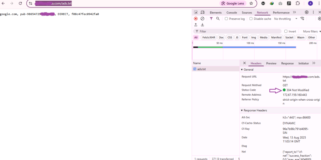 ads.txt status code 304